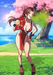 brown_eyes brown_hair burp burp_cloud burp_fetish burping cleavage fatal_fury king_of_fighters leaning_forward looking_back mai_shiranui sideboob smile snk