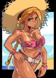 1girls belt big_breasts bikini blonde_hair blue_eyes bracelets braided_ponytail busty cammy_white capcom curvy hand_on_hip light-skinned_female light_skin moxydraws moxydrawsmore straw_hat street_fighter swimsuit tanline