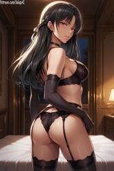 1girls ai_generated ass ass_focus black_bra black_garter_belt black_gloves black_hair black_panties black_thighhighs bra braided_hair choker classroom_of_the_elite elbow_gloves female female female_only from_behind garter_belt garter_straps horikita_suzune lace-trimmed_bra lace-trimmed_garter_belt lace-trimmed_gloves lace-trimmed_panties lace-trimmed_thighhighs lingerie lingerie_only long_hair looking_at_viewer looking_back_at_viewer medium_breasts panties patreon posing red_eyes round_ass salupai seductive_look solo solo_female standing thighhighs uncensored watermark youkoso_jitsuryoku_shijou_shugi_no_kyoushitsu_e