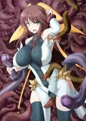armpits black_thighhighs breasts brown_hair cameltoe covered_nipples female green_eyes hair_ribbon hassen_(8cm) huge_breasts imminent_rape impossible_clothes kagano_megu leotard long_hair mahou_shoujo_ai open_mouth ribbon skin_tight solo tentacle thighhighs