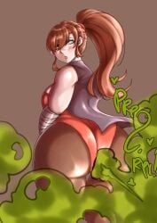 alternate_version_available breakers brown_hair chro-sis cleavage commission fart fart_cloud fart_fetish farting female headband leotard looking_pleasured pantyhose ponytail simple_background smash_daisaku solo tia_langray tied_hair