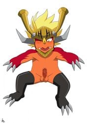 2013 3_toes anthro armor balls blonde_hair buddyfight claws color cute dragon fang_slade fangs hair helmet horn looking_down male male_only muscles one_eye_closed open_mouth penis plain_background precum red_dragon rossciaco scalie solo white_background