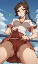 ai_generated ass avatar_legends avatar_the_last_airbender bigmic145 braid braided_hair braided_ponytail breasts cleavage clothed clothed_female clothing female nickelodeon panties pantyshot pleated_skirt sexually_suggestive shirt skirt solo solo_female squirting tease teasing tennis_uniform ty_lee wet