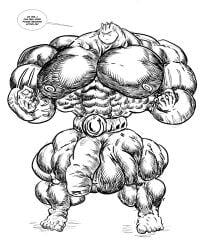 4:5 absurd_res anthro balls big_muscles english_text generation_1_pokemon genitals growth hi_res huge_muscles hyper hyper_muscles machoke male monochrome muscles muscular nintendo penis pokemon pokemon_(species) setrak text