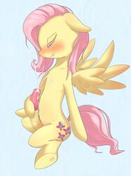 2014 blue_background blush closed_eyes cum cutie_mark dickgirl equine erection feral fluttershy_(mlp) friendship_is_magic fur hair horse horsecock intersex mammal masturbation my_little_pony pegasus penis pink_hair plain_background pony solo wings yellow_fur zokkili