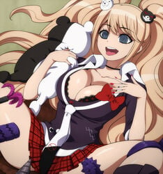 @_@ blonde_hair bra_cups_sticking_out breasts cleavage danganronpa danganronpa_1 drill gyaru hairu highres junko_enoshima large_breasts long_hair monokuma nail_polish necktie open_mouth picot_trim picot_trim_bra plaid plaid_skirt sex_toys skirt smile spoilers spread_legs straight_hair thighs