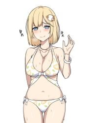 bare_shoulders bikini blonde_hair blue_eyes blush bracelet breasts cleavage cowboy_shot female floral_print front-tie_bikini front-tie_top hair_ornament jewelry large_breasts looking_at_viewer navel necklace print_bikini short_hair simple_background smile solo sweat swimsuit thigh_gap waving white_background white_bikini