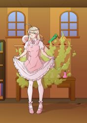 1girls aryoanggoro blonde_hair cute dress fart fart_cloud fart_fetish farting miriam_(rabi_ribi) pulling_up_dress rabi-ribi shop shopkeeper