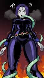 ai_art ai_assisted ai_generated ass big_breasts black_hair bodysuit breasts curvy empty_eyes female goth hell nude oral_penetration pale_skin purple_eyes purple_hair raven raven_(dc) short_hair superhero sweat teen_titans tentacle voluptuous voluptuous_female