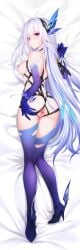 anus armpits ass bandana bed_sheet black_bandana blush boots breasts dakimakura_(medium) dakimakura_(object) elbow_gloves feather_hair_ornament feathers female full_body genshin_impact gloves hair_ornament hand_on_own_ass highres kirilenko_(cgd) long_hair looking_at_viewer lying medium_breasts multicolored_hair nipples nude on_bed on_side pillow purple_boots purple_gloves purple_hair skirk_(genshin_impact) solo strap streaked_hair teeth thigh_boots thighhighs thighs torn_clothes torn_thighhighs very_long_hair white_hair