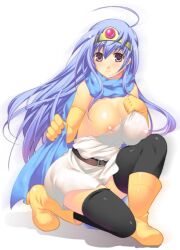 ahoge belt black_legwear blue_hair blush boots breasts cape circlet covered_nipples dress elbow_gloves female gloves huge_breasts long_hair nipples orange_footwear purple_eyes sage_(dq3) see-through smile solo striped thighhighs tiara yellow_footwear yellow_gloves