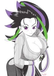 beyblade beyblade_x big_breasts black_hair breasts clothed cum green_highlights monochrome purple_highlights ronin_kame shiroboshi_tenka solo spot_color