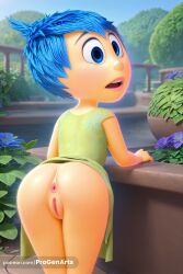 1girls ai_generated anus artist_name ass bent_over blue_eyes blue_hair cleft_of_venus clothes_lift day disney dress flower from_behind green_dress hi_res humanization inside_out inside_out_2 joy_(inside_out) leaning_forward loli looking_at_viewer looking_back no_panties open_mouth outdoors pixar plant progenarts pussy short_hair short_sleeves solo uncensored web_address