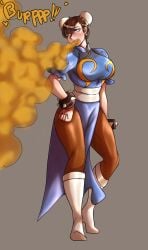 big_breasts brown_hair burp burp_cloud burp_fetish burping capcom chro-sis chun-li hand_on_hip simple_background street_fighter