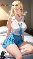 2.5_jigen_no_ririsa ai_generated armpit_crease bare_shoulders bed black_footwear blonde_hair blue_necktie blue_skirt blush breasts cleavage collarbone collared_shirt female foot_out_of_frame green_eyes grin gyaru hair_between_eyes hair_ornament indoors kogalkisaki_aria large_breasts loafers long_hair looking_at_viewer loose_socks meitabuu necktie on_bed parted_lips pillow pleated_skirt school_uniform see-through shirt shirt_tucked_in shoes sideboob sitting skirt sleeveless sleeveless_shirt smile socks solo steaming_body sweat thighs wet wet_clothes wet_shirt white_shirt white_socks