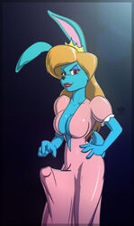 1futa 2014 4_fingers anthro black_nose blue_fur breasts brown_hair clothing dickgirl dress erection eva_earlong eyelashes fur furry futa_only futanari hair intersex jazz_jackrabbit_(series) lagomorph lipstick long_ears long_hair looking_at_viewer mammal penis rabbit red_eyes short_tail solo solo_futa standing tridark