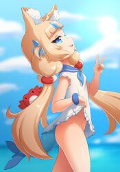 beach blonde_hair cat_ears crab female furry sameko_saba shark_tail skirt skirt_lift sole_female swimsuit