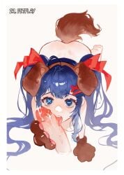 absurdres animal_ears ass blue_eyes blue_hair cum dog_ears dog_girl fellatio female highres licking licking_penis nude oral original penis solo twintails yeougui
