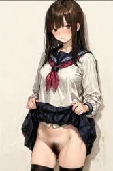 1girls female female_only female_pubic_hair hairy_pussy long_hair pubic_hair school_uniform solo unshaved_pussy wet without_panties