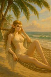 1girls ai_generated artist_request bare_legs bare_midriff barefoot beach bikini blonde_hair blue_eyes circlet clouds earrings female female_only halterneck hammock hylian hylian_ears legs navel nintendo ocean outdoors outside palm_tree pointy_ears princess_zelda resort sand solo source_request the_legend_of_zelda water