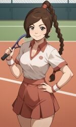 ai_generated ass avatar_legends avatar_the_last_airbender bigmic145 braid braided_hair braided_ponytail breasts cleavage clothed clothed_female clothing female nickelodeon pleated_skirt shirt skirt solo solo_female tease teasing tennis_uniform ty_lee