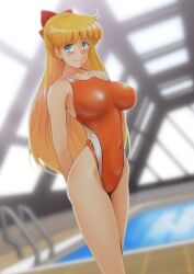 absurdres alluring arms_behind_back bishoujo_senshi_sailor_moon blonde_hair blue_eyes bow commentary_request competition_swimsuit covered_erect_nipples dutch_angle feet_out_of_frame female hairbow highleg highleg_one-piece_bikini highres indoors long_hair looking_at_viewer minako_aino nanashi_noiji one-piece_bikini orange_one-piece_bikini pool pool_ladder red_bow rei_no_pool solo swimsuit two-tone_swimsuit