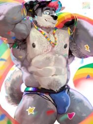 2025 abs absurd_res anthro areola armpit_hair bakemonoy barazoku baseball_cap beard biceps big_bulge big_muscles body_hair bulge canid canine canis clothed clothing confetti domestic_dog eyebrows eyewear facial_hair fingerless_gloves fur glasses gloves hair handwear hat headgear headwear hi_res huge_muscles husky kemono lgbt_pride lgbt_pride_month looking_at_viewer male mammal muscular muscular_anthro muscular_male navel nipples nordic_sled_dog obliques pecs pride_colors pubes rainbow rainbow_pride_colors serratus smile solo spitz standing sticker stickers_on_body tattoo thick_arms thick_thighs topless topless_anthro topless_male tuft underwear vein vincian_pride_colors watermark