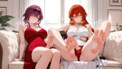 2futas ai_generated barefoot feet foot_fetish full-package_futa futa_only futadom futanari glasses_on_head hair_ornament himeko_(honkai:_star_rail) honkai:_star_rail intersex kafka_(honkai:_star_rail) novajoi panties patreon_username penis purple_eyes purple_hair red_dress red_hair red_panties soles white_dress yellow_eyes