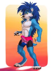 anthro bisexual_pride_colors black_nose blue_body blue_fur blue_hair bodily_fluids clothed clothing erection erection_under_clothing eulipotyphlan fur genital_fluids gradient_background green_eyes hair half-length_portrait hedgehog hi_res lgbt_pride male male_anthro mammal portrait precum precum_through_clothing precum_through_underwear pride_colors simple_background solo standing topless underwear wet wet_clothing white_body white_fur yookie zing_(character)
