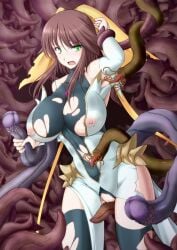black_thighhighs bodysuit breasts brown_hair covered_nipples female green_eyes hair_ribbon hassen_(8cm) huge_breasts imminent_rape jewelry kagano_megu large_breasts long_hair mahou_shoujo_ai necklace nipples open_mouth pussy ribbon see-through_clothes solo tentacle thighhighs torn_clothes torn_thighhighs uncensored