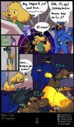 7_panel_comic anthro assisted_exposure beverage_can big_penis bird_dog blue_body blue_fur blush blush_lines bodily_fluids canid canine canis clothing cock_vore comic darkness dialogue domestic_dog english_text excessive_genital_fluids excessive_precum flashlight floppy_ears fur genital_fluids genitals glowing glowing_genitalia glowing_insides glowing_penis golden_retriever group head_first hi_res howzit_(character) howzit_toyah huge_cock hunting_dog hybrid_genitalia hyper hyper_genitalia hyper_penis knot knotted_penis machine male male/male mammal multi_ear multi_eye onomatopoeia penile penile_spines penis poster precum protogen red_body red_fur retriever science_fiction sound_effects spacecraft tail tail_mouth tearing_clothing text torn_clothing trap_(contrivance) trio unusual_anatomy unusual_tail vehicle vore yellow_body yellow_fur yellow_insides yellow_penis yeno