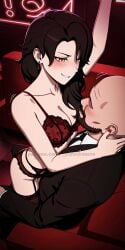 1boy 1girl _yumidreams ai_generated arms_up bald bangs beard cinder_fall cleavage cowgirl_position dancing faceless_male female highres indoors lacy_bra lacy_panties lacy_stockings led_light long_hair looking_at_each_other pale_skin patreon_link private_room red_lingerie red_sofa rubbing rwby strip_club suit yellow_eyes