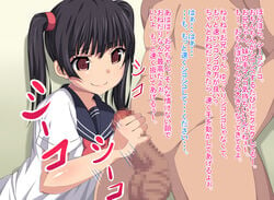 1boy black_hair censored clothed_female_nude_male female handjob original penis rina_(tosia) school_uniform serafuku smile testicles text tied_hair tosia translation_request twintails