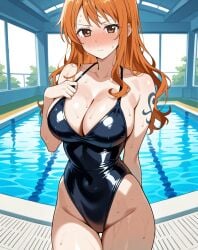 2025 ai_generated anime blue_swimsuit closed_mouth crunchyroll instagram manga meta mouth_closed nami_(one_piece) one_piece orange_cheeks orange_eyebrows orange_eyes_female orange_hair_female pool_background school_swimsuit unknown_artist wet_body wet_skin wet_swimsuit