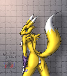 2013 anthro anus ass black_nose breasts canine claws digimon eyelashes female fox fur gloves looking_at_viewer looking_back mammal nipples presenting presenting_anus presenting_hindquarters presenting_pussy pussy renamon snowfyre solo spread_legs spreading standing white_fur yellow_fur yin_yang