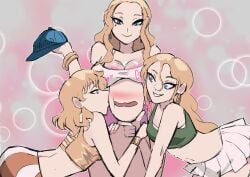 1boy 3girls ass barbara_(biku) bare_shoulders bella_(biku) biku blonde_hair blue_earrings blue_eyes bra bra_peek bra_strap bracelet bracelets breasts breasts_on_head cap cleavage earrings hat hoop_earrings janitor kissing kissing_cheek large_breasts long_hair mole mole_under_eye navel original pink_bra pink_nails priss_(biku) purple_skirt short_hair short_skirt skirt striped_skirt white_skirt white_tank_top