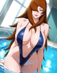 2025 ai ai_generated anime belly blue_slingshot_swimsuit brown_eyebrows brown_hair_female crunchyroll evil_grin evil_smile green_eyes_female grinning_at_viewer instagram looking_at_viewer manga mei_terumi meta naruto_(series) one_eye_covered pink_lipstick pool_background smile_at_viewer smiling_at_viewer tummy unknown_artist wet_body wet_hair wet_skin wet_swimsuit