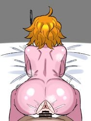 all_fours antennae ass bed bodysuit bouncing_breasts breasts clothed_female_nude_male doggy_style ear_piece female from_behind hanging_breasts large_ass large_breasts male one_piece orange_hair pink_clothing pussy short_hair tagme vaginal_penetration vaginal_sex vegapunk_lilith visible_anus wet_pussy