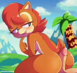 1boy 1girls 2d 2d_(artwork) 2d_artwork ass ass_focus assjob cum furry human leaking_cum leaning_forward precum sally_acorn sitting_on_lap smug sonic_(series) sonic_the_hedgehog_(archie) sonic_the_hedgehog_(series) tenshigarden