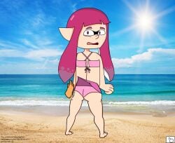 artist_request beach bikini female inkling inkling_girl leftthumb ms_paint oc pink_hair skirt spanking splatoon surprised