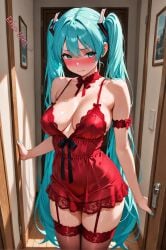 2025 ai_generated anime bedroom_background closed_mouth embarrassed_female hatsune_miku instagram light_blue_eyebrows light_blue_eyes light_blue_hair manga meta mouth_closed red_cheeks red_collar red_dress red_handwear unknown_artist vocaloid