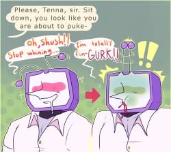 about_to_vomit cl0ckability comforting deltarune digital_media_(artwork) drooling drunk flushed fully_clothed ill nausea onomatopoeia puke scared sequence sick surprised surprised_expression tenna_(deltarune) tv_head vomit