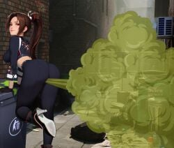 alleyway brown_eyes brown_hair bubble_butt bubble_gum capcom_vs_snk crop_top fart fart_cloud fart_fetish farting fatal_fury king_of_fighters leaning_forward looking_back mai_shiranui metal-blade sideboob snk
