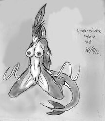 2012 3_toes anthro breasts female hair kneeling legendary_pokemon looking_at_viewer monochrome nintendo nipples nude pokemon pokemon_(species) pussy sitting sketch snowfyre solo spread_legs spreading suicune toes video_games