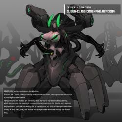 absurdres arms_at_sides arthropod_limbs black_sclera body_modification breasts cleavage colored_sclera corruption cyborg dark_persona english_text extra_arms extra_breasts female futanari green_horns grey_background hair_between_eyes high_heels highres horns huge_cock huge_weapon large_breasts large_testicles long_bangs long_hair mechanization original outstretched_arms penis platinum1945 robot robot_ears shoulder_cannon tail testicles third_eye third_eye_on_chest weapon