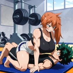 abs anime anxious big_breasts boku_no_hero_academia breasts cowgirl_position evil_grin green_eyes green_hair grin gym gym_clothes gym_shorts hands_on_chest itsuka_kendou izuku_midoriya kendou_itsuka midoriya_izuku mounting muscles muscular muscular_female muscular_male my_hero_academia nervous_smile smile smirk sports_bra sportswear