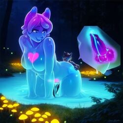 1boy 1girls absurd_res ai_generated anthro canid canine canine_penis canis colored_extremities colored_inner_hair cum cum_in_pussy cum_inside female forest forest_background forest_sex from_behind_position furry glistening glistening_body glitter glittering_hair glowing_markings happy_sex heart_shaped_tattoo high_quality highres knot knotting lake larger_female long_hair male mushroom novelai ocean penetration penis pink_eyes rainbow_slime size_difference slim_waist slime slime_girl smaller_male smile transparent_body werewolf wolf