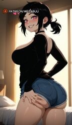 ai_generated ashley_graves ass ass_grab ass_support bed bedroom black_choker black_hair black_shirt blue_shorts blush breasts choker cowboy_shot curtains deep_skin denim denim_shorts female from_behind grabbing_own_ass grin hand_on_own_ass heart indoors large_breasts long_sleeves looking_at_viewer looking_back meitabuu patreon_username pillow pink_eyes ponytail shirt short_hair short_ponytail short_shorts shorts smile solo standing teeth the_coffin_of_andy_and_leyley thick_thighs thighs underbutt window