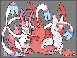 ambiguous_gender blue_eyes blush digitigrade double_penetration drooling eeveelution female feral fisting grey_background interspecies latias legendary_pokemon misericorde nintendo penetration plain_background pokemon pokemon_(species) pokemon_only pussy pussy_juice saliva size_difference sylveon vaginal_penetration video_games wide_hips