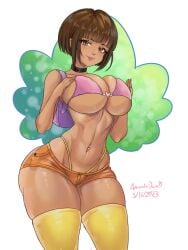1girls adult aged_up amandadarko ass backpack backpack_(dora_the_explorer) bag big_ass big_butt black_hair breasts brown_hair clothing crop_top dark_skin dora_marquez dora_the_explorer fat_ass female female_focus from_behind huge_ass human latina little_kid’s_show map_(dora_the_explorer) nude orange_clothing orange_shorts pink_shirt short_hair shorts simple_background tan-skinned_female tan_skin underboob wide_hips